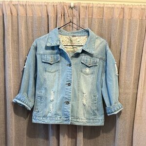 Relaxed Light Blue Denim Jacket with Distressed Detail